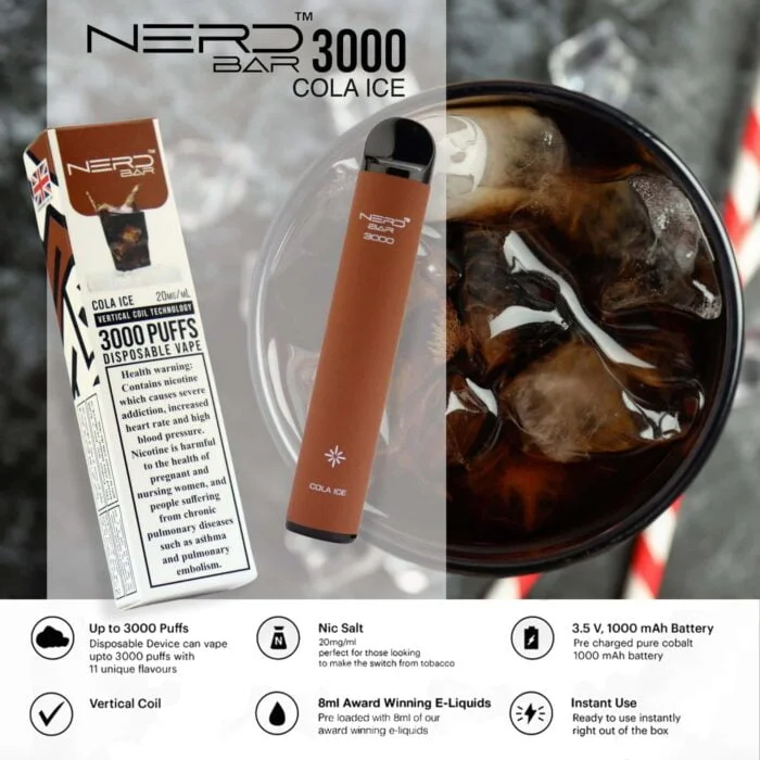 nerd bar 3000 puffs disposable vape cola ice