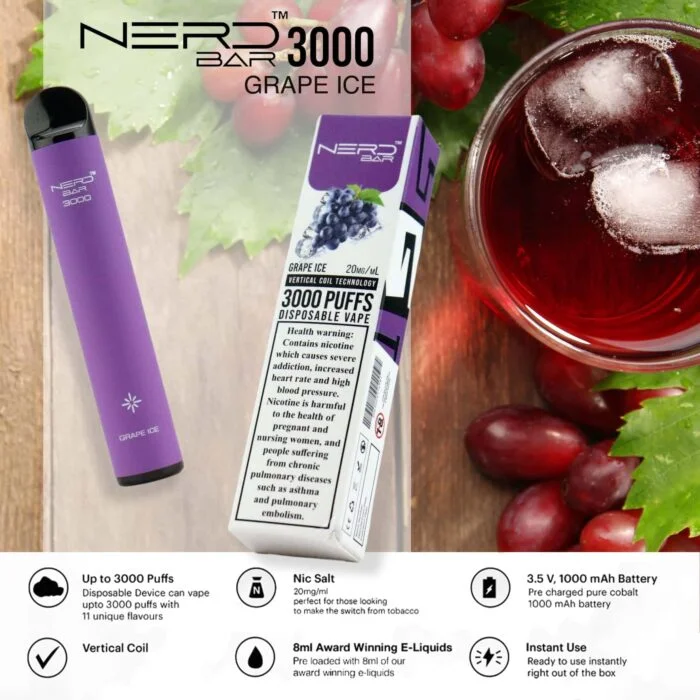 nerd bar 3000 puffs disposable vape grape ice