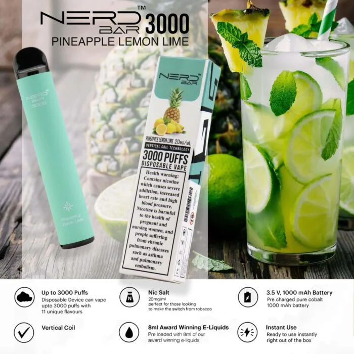 nerd bar 3000 puffs disposable vape pineallpe lemon lime